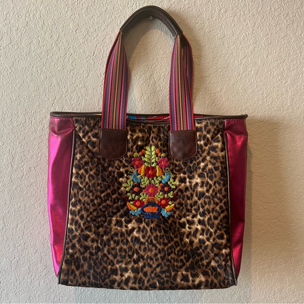 Consuela Leopard Print Tote with Pink Metallic Sides and Multicolor Embroidery